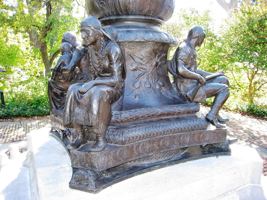 Robbins Memorial Flagstaff (1914), Arlington, MA, by sculptor Cyrus E. Dallin. Figures include a Pilgrim mother and child, a Minuteman, and Squaw Sachem (shown in front).